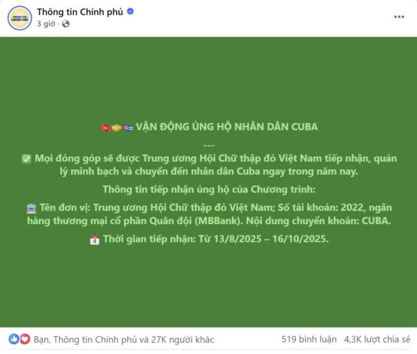 Phát động cấp quốc gia Chương trình vận động ủng hộ nhân dân Cuba
