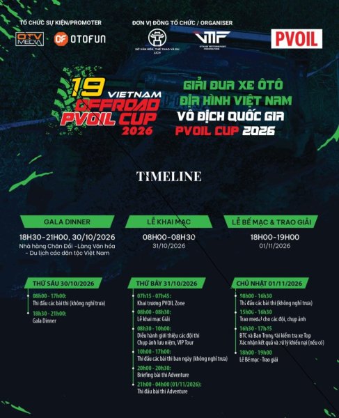 Lịch thi đấu chi tiết Giải đua ô tô địa hình VĐQG PVOIL VOC 2026 trong 3 ngày 30/10 – 01/11/2026