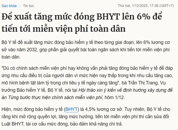 Tăng mức đóng BHYT lên 6% để tiến tới miễn viện phí toàn dân