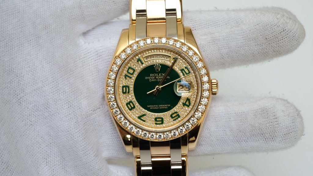 Đồng hồ Rolex Day Date 18948 mặt xanh nam kim cương vàng 3 màu size 39mm