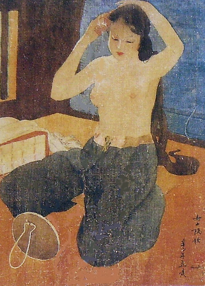 Thiếu nữ chải tóc - Lụa (57cm x 42cm) 1941 Ngx Văn Log - A Girl combing her hair - Silk.jpg.jpg