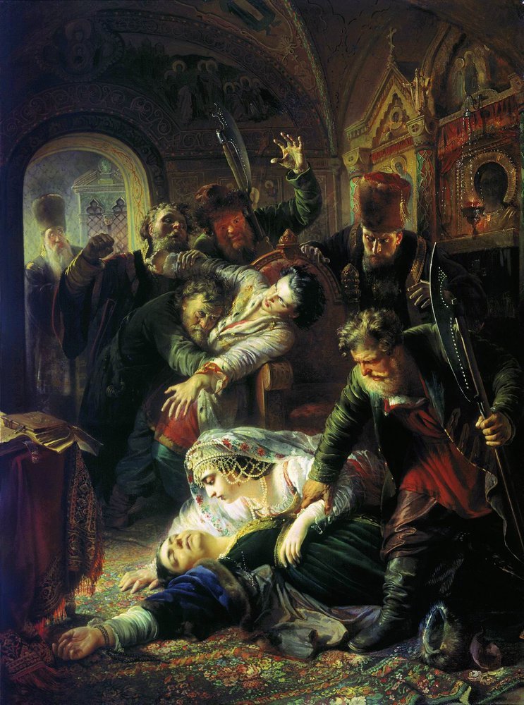 Makovsky_False_Dmitrys_agents_murdering_Feodor_Godunov_and_his_mother_1862.jpg