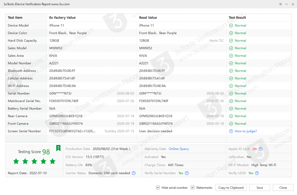 iPhone 11_iDevice Verification Report_0012509A0A20402E.png