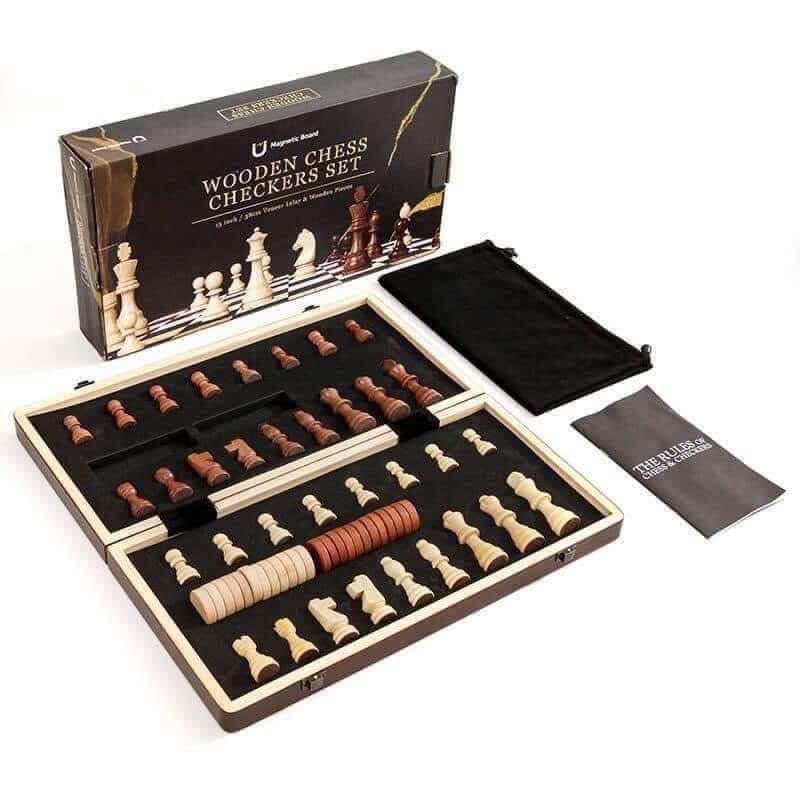 Bộ 2 trò chơi cờ vua có nam châm và Checkers bằng gỗ 40x40cm Playbea SKU P0133.jpeg