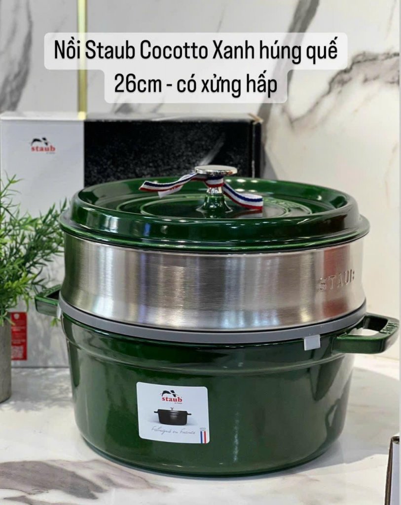 Nồi gang đúc tròn màu xanh húng chanh kèm xửng hấp 26cm Staub 6.jpeg