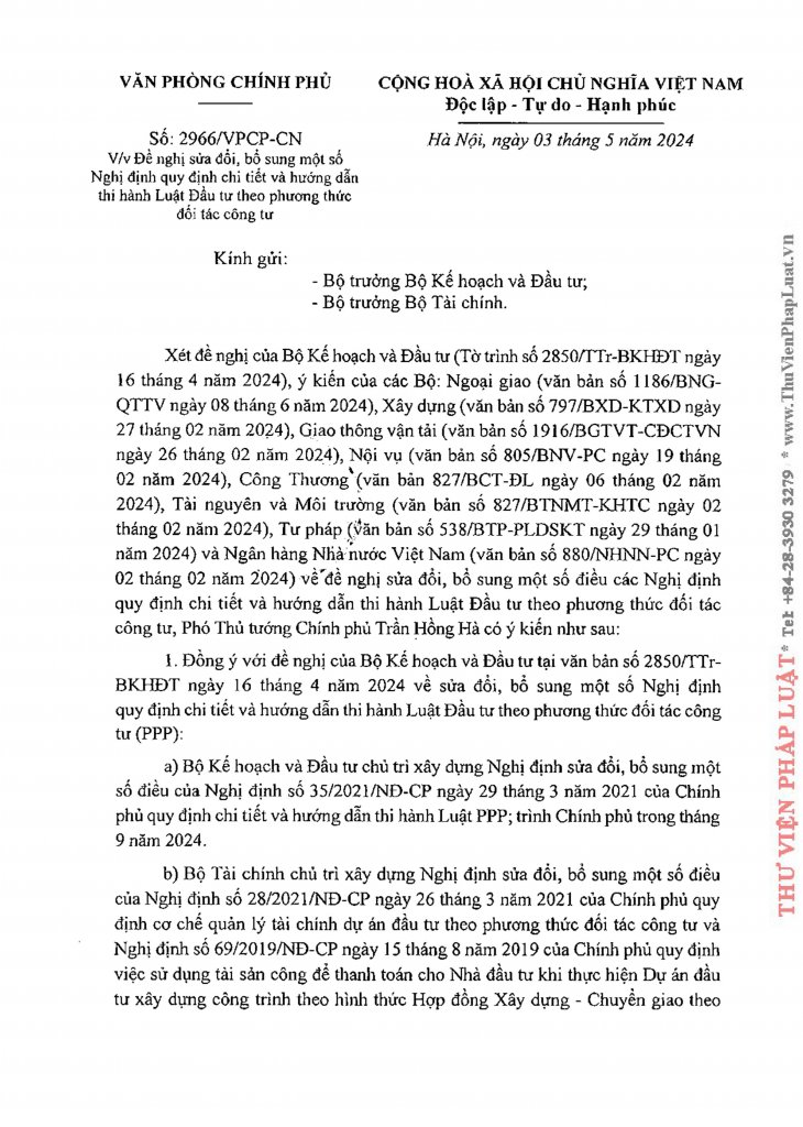 2024.5.03 CV số 2966-VPCP-CN về việc sửa đổi nghị định hướng dẫn Luật đầu tư PPP -hình ảnh-0.jpg
