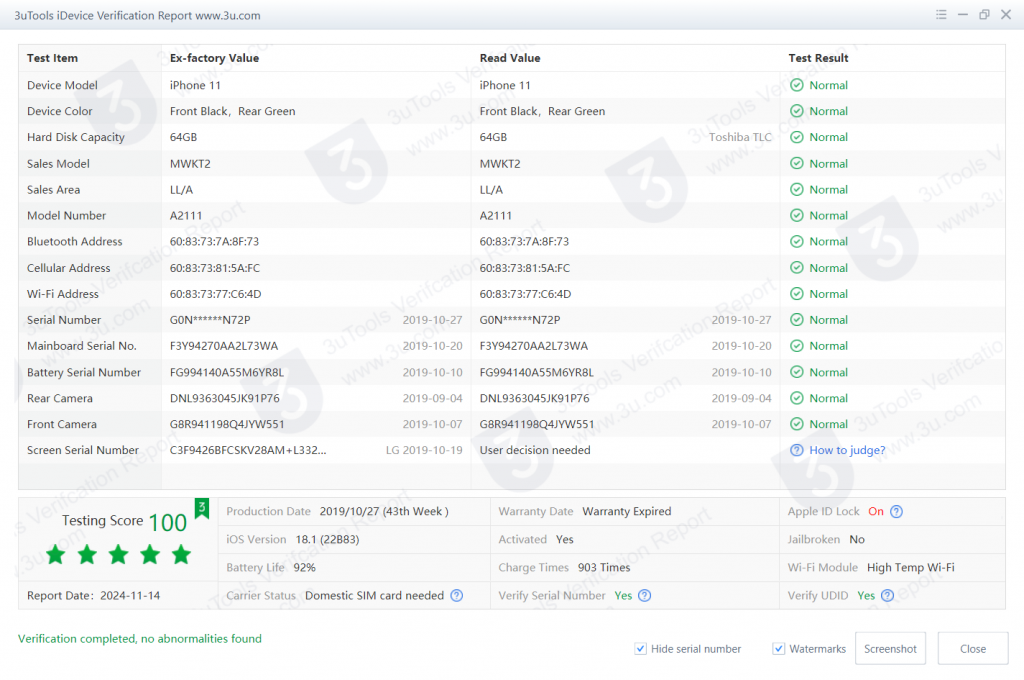 iPhone 11_iDevice Verification Report_000658640AA2802E.png